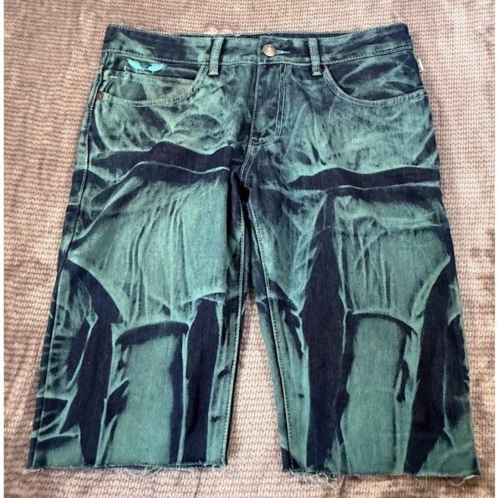 Robins Jean Mens Acid Wash Tie Dye Denim Shorts Blue Frayed Hem 32X14